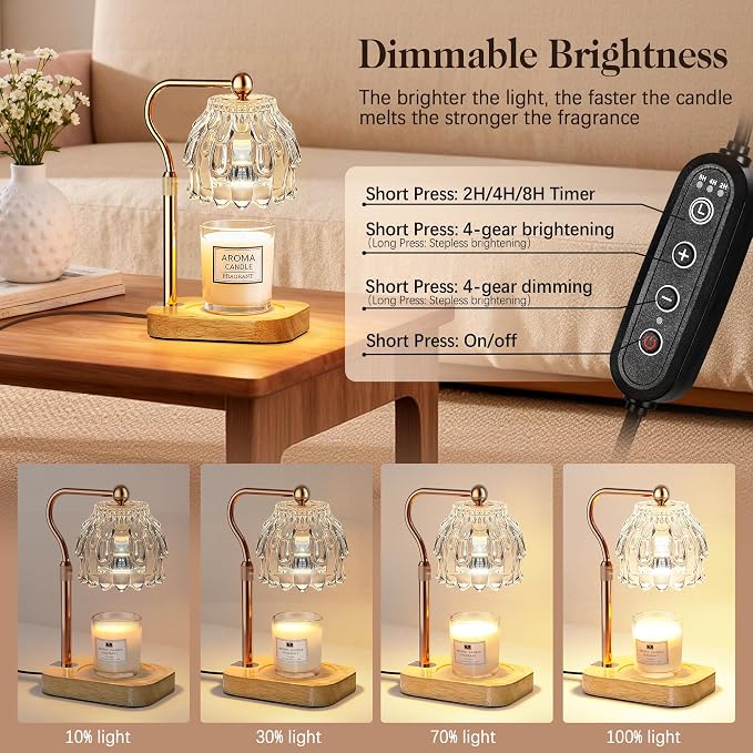 Candle Warmer Lamp with Timer Dimmer, Modern Wax Warmer for Scented Wax Jar Candle Warmer with 2 Bulbs, Adjustable Height Glass Lamp for Gifts for Women, Home Decor, Gold Clear