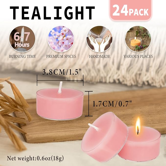 Cherry Blossom Scented Tealight Candles, Pink Scent Tea Lights Candles Clear Cup, 24 Pack Colored Tealights Candle, 6 Hour Burn Time Tea Candles for Party, Decor, Spa, Shabbat