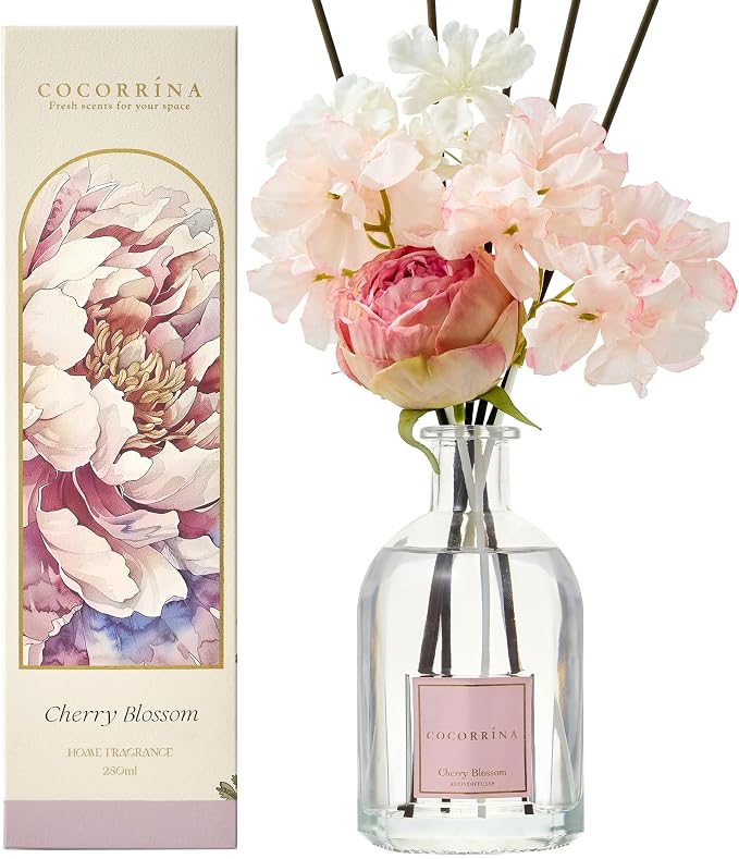COCORRÍNA Reed Diffuser - Cherry Blossom 8.5 Fl.oz Flower Diffuser with 8 Sticks, Reed Diffusers for Home Bathroom Shelf Decor