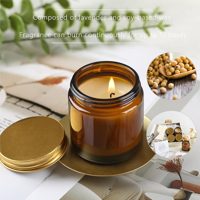 24 Pcs 4 Oz Mason Jar Candles, Lavender Scented Soy Candles Bulk Set for Stress Relief and Relaxation, Great Favors for Wedding, Christmas, Housewarming Gifts (Gold,Amber Glass, Lavender, 24)