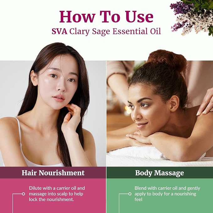 SVA Clary Sage Essential Oil Organic – 1/3 Fl Oz – 100% Natural Organic Clary Sage Oil - for Diffuser, Hair Care, Face, Skin Care, Aromatherapy, Scalp and Body Massage, Soap and Candle Making