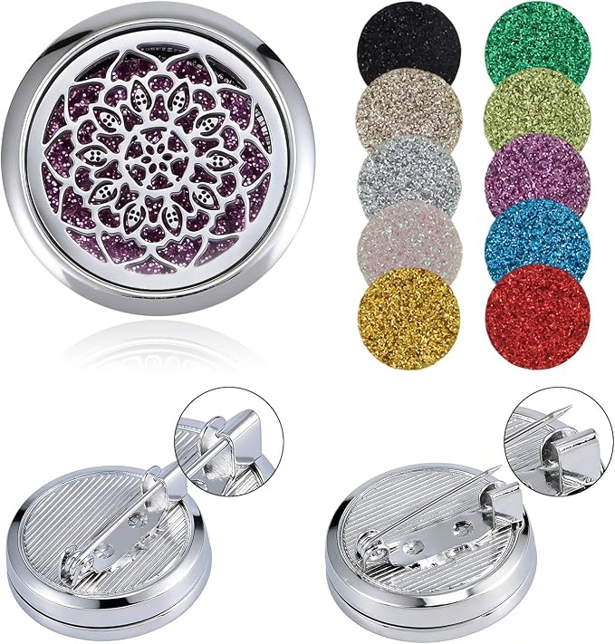 Essential Oil Diffuser Brooch, Aromatherapy Locket Brooch with 10 Pcs Refill Pads for Men Women (Flower)