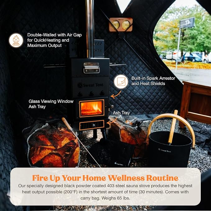 SweatTent High-Output Wood Burning Sauna Stove Kit – Includes Rock Basket, Heat-Resistant Gloves & Fire Poker – Portable Stainless Steel Heater for Outdoor Tents – Fast Heating & Professional-Grade
