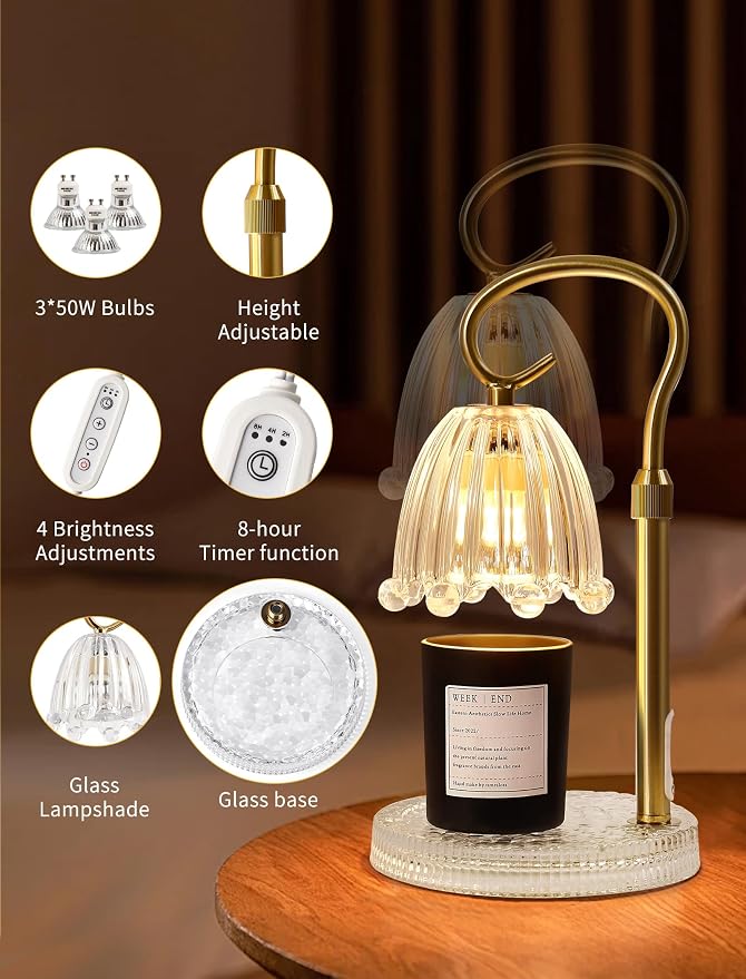 Candle Warmer Lamp with Timer & Dimmer, Crown Glass Lamp Candle Warmer for Jar Candles, UPGRATED with 3 Bulbs, Height Adjustable Electric Wax Warmer for Elegant Home Decor
