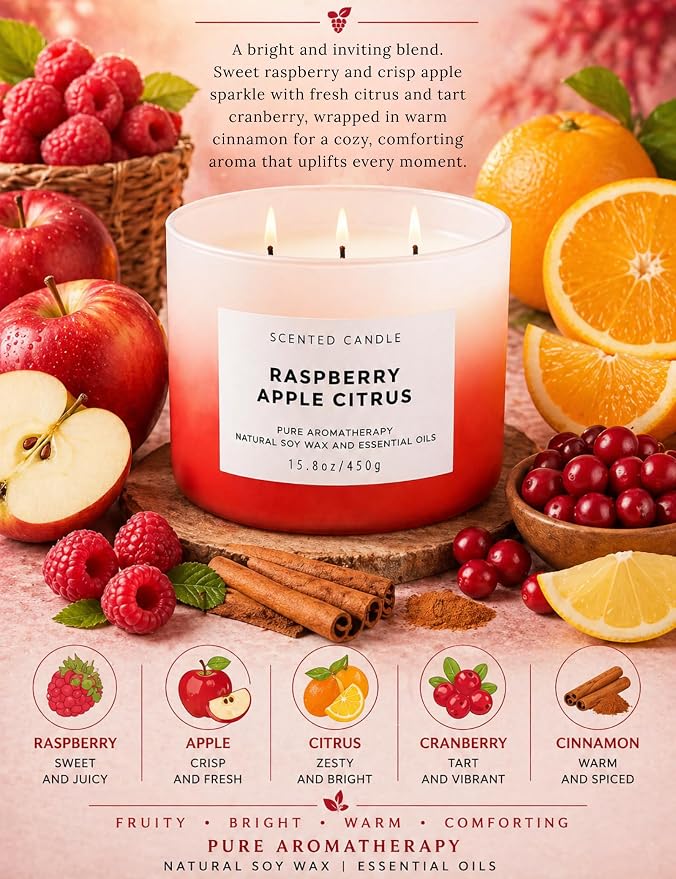 Raspberry Apple Citrus 3-Wick Soy Candle | 15.8 oz Large Scented Candle for Home | Clean Burn Long Lasting | Fruity Citrus Spice Scent | Gift Ready