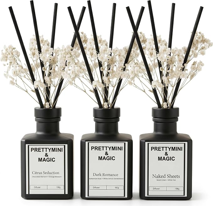 PRETTYMINI & MAGIC Reed Diffuser Set – Bohemian Rose + Beach Linen & Orange Blossom Home Fragrance, Long-Lasting Reed Diffusers for Home Fragrance with Sticks for Bedroom, Bathroom & Shelf Décor 3pk