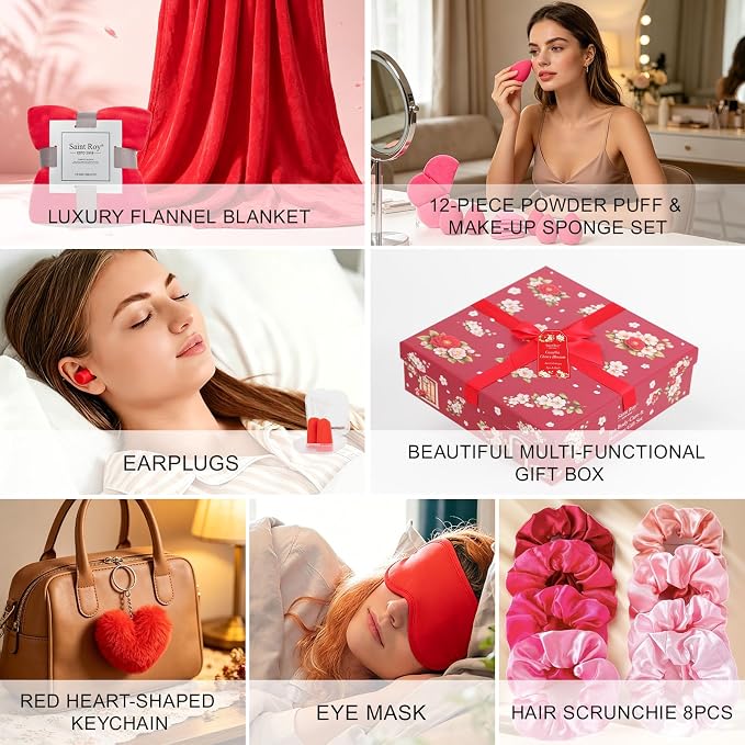 35 Pcs Valentines Day Gift for Women, Cherry Blossom Rose Bath and Body Basket Gift, Face Skin Care Kit, Home Spa Self Care, Lip Gloss, Birthday, Christmas, Mother, Bridal Shower, Anniversary