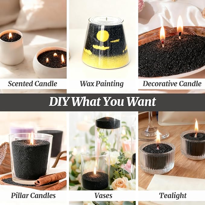 Pearled Candles Sand and 30 Wicks NonToxic 18Oz-Cinnamon Scented Luxury Long Lasting Refillable Pearled Powder Candles 120 Hours-Candle Beads Sand Wax Kit for Wedding Candle Making Party Black