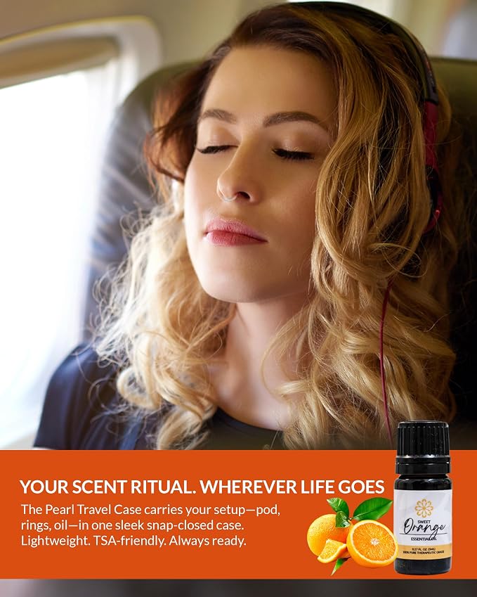 Essence Pearl Travel Case | Orange Essential Oil | Aromatherapy Nasal Diffuser & Essential Oil Carrying Case | Uplifting Citrus Scent | Travel-Friendly Kit | Black Pod
