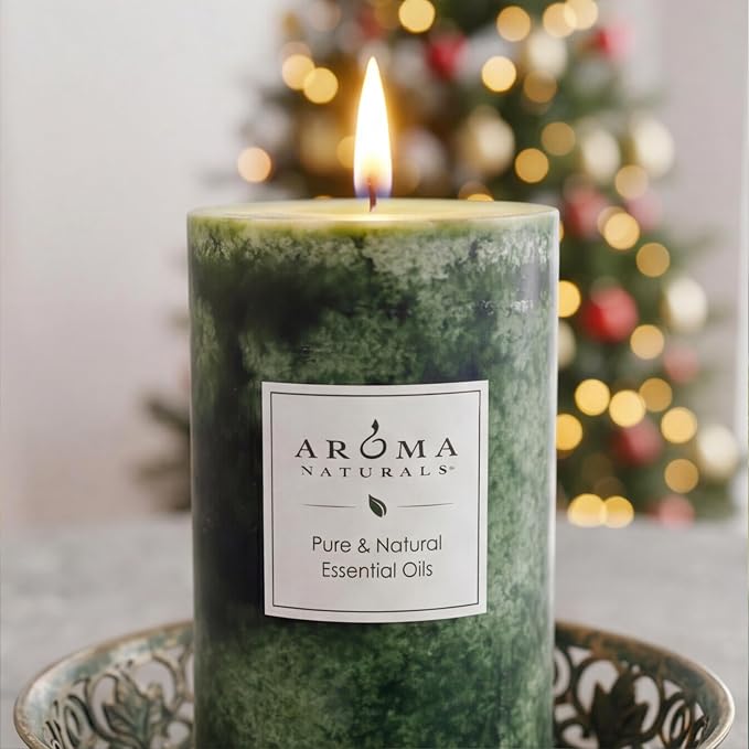 Aroma Naturals Holiday Juniper, Spruce and Basil Essential Oil Pillar Candle, Fresh Forest, 2.75 inch x 5 inch
