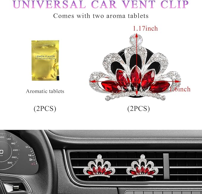 Yourkar 2 PCS Bling Car Air Vent Clips, Crystal Rhinestone Crown Vent Decorative Air Freshener Clips, Sparkly Diamond A/C Outlet Aroma Diffuser Clip for Vehicles, Car Accessories (Red)