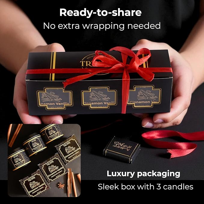 Vanilla Candle with Cinnamon Strong Scented Soy Candel Clean Non Toxic Velas Aromáticas for Women Gift for Fall Christmas Holidays Pack of 3 5Oz Decorative Tin Jars with Lids