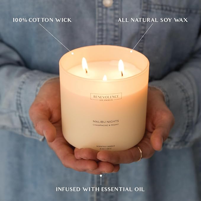 Champagne & Peony – Benevolence LA Large 3-Wick Scented Candle for Home | 15oz, 50-Hour Burn | Natural Soy Wax, Cotton Wicks | Gift Ideas for Women | Malibu Sands Collection