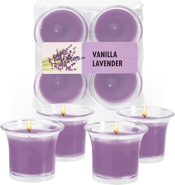 HYOOLA Clear Cup Scented Votive Candles - Vanilla Lavender - 12 Hour Burn Time - 4 Pack - European Made