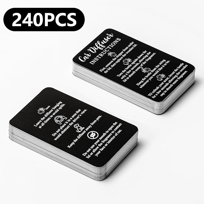 240Pcs Car Diffuser Instruction Cards Care Hanging Accessories for Auto Oil Bottles Package Bag Supplies 3.54 X 2.12inch Black
