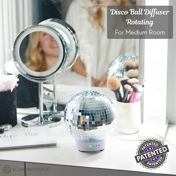 SCANDINORDICA Disco Ball Diffuser - Original Rotating Disco Essential Oil Diffuser with Whisper Quiet Operation, 14 Color Night Light & 4Time Settings | Cute Eclectic Home Decor for Medium Room Silver