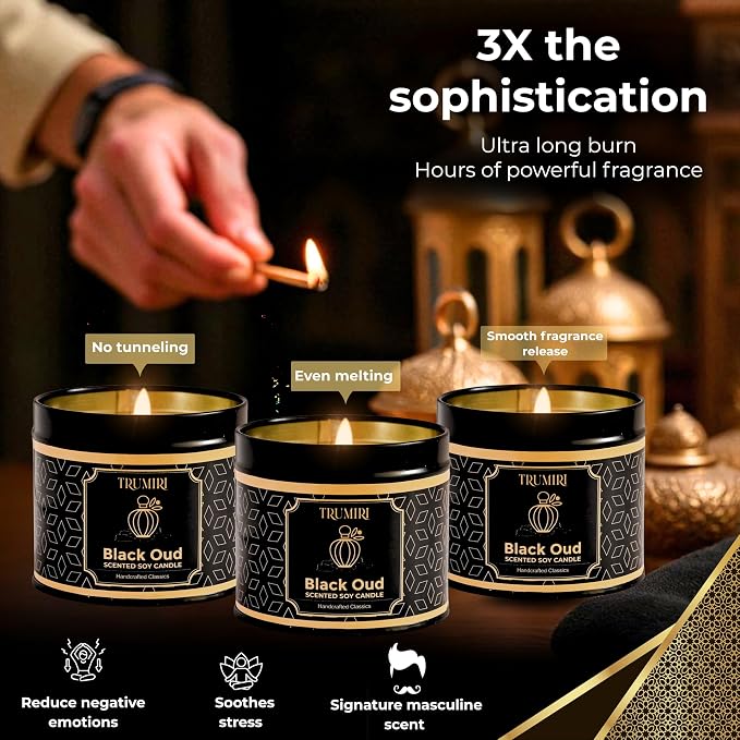 Black Oud Candle Highly Scented Soy Candel Natural Non Toxic Velas Aromáticas Gift for Men 5Oz Decorative Tin Jars with Lids Pack of 3
