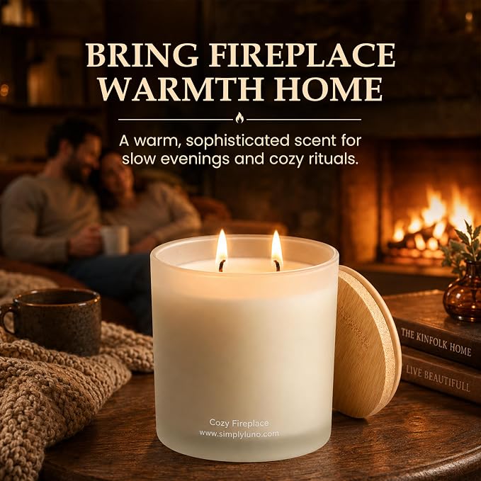 Cozy Fireplace | Tobacco & Wood Scented Candle | 14oz Soy Wax Large Candle | 50+ Hour Long Lasting Candle | Fall and Winter Home Scent| Luxury Jar Candle | Luxury Gift Box for Men