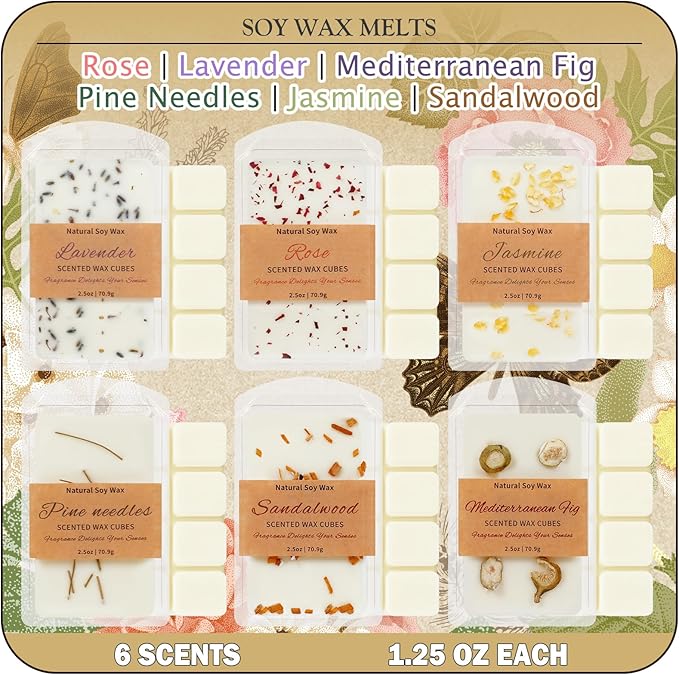 SCENTORINI Wax Melts, 6 Pack Summer Scented Wax Cubes, Soy Wax Melts Tarts with Natural Dried Flower & Highly Scented Essential Oil, Candle Wax for Warmer Gift Set for Home Fragrance
