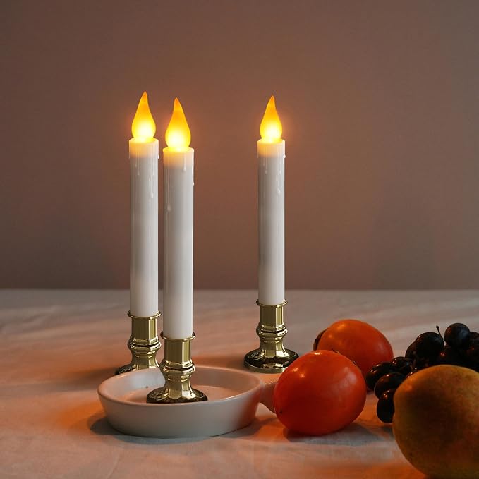 FURORA LIGHTING White Taper Candles with Gold Holders, Pack of 2-9.9" Flameless LED, 5/19 Auto Timer, Batteries Included - Wedding, Dinner & Home Decor