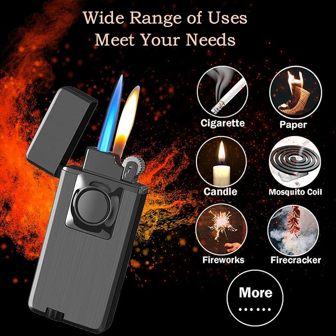 Jet Torch Dual Flame Lighter with Windproof Butane Gas, Adjustable Soft & Jet Flame, Refillable for Indoor/Outdoor - Black