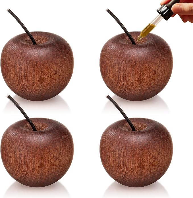 Novabright 4 Pcs Mini Wooden Apple Shaped Essential Oil Diffuser Portable Aromatherapy Diffuser Decorations Farmhouse Rustic Air Freshener for Car Home Bedroom Office Desktop Sauna Yoga Spa Centers