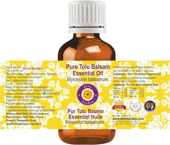 Deve Herbes Pure Tolu Balsam Essential Oil (Myroxylon balsamum) 100% Steam Distilled 15ml (0.50 oz)