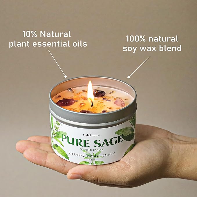 Pure Sage Candle for Cleansing - 2Pc Soy Scented Candle with Crystals & Sage Leaves Inside, House Negative Energy Kit, Spiritual Gift for Women