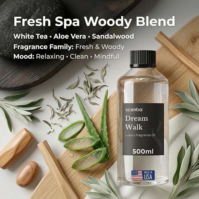 Scentia Dream Walk Diffuser Oil for HVAC Scent Machine – Hotel Fragrance Inspired by 5-Star Spa Resort – 500 mL – White Tea, Cedarwood & Amber Oil for Commercial & Cold Air Diffusers, Made in USA