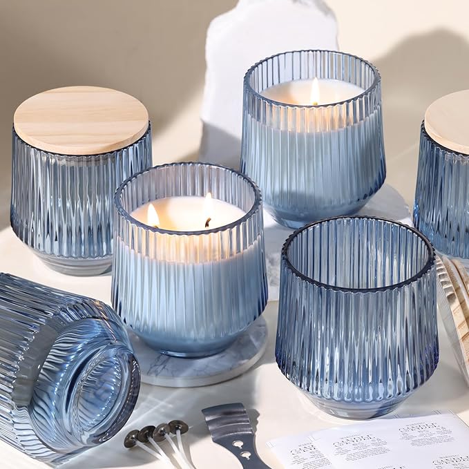 simeitol 13 OZ Blue Large Candle Jars for Making Candles - 6 Pack Glass Candle Jars Bulk with Vertical Striped, Candle Vessels Supplies with Bamboo Lids and Candle Wick Kit, for DIY & Home