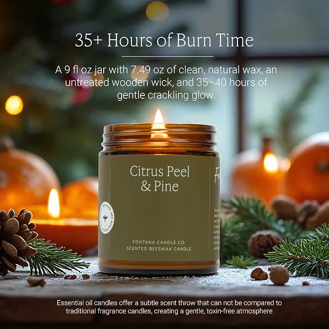 Fontana Candle Co Wood Wick Beeswax Jar Candle, Citrus Peel & Pine – Made Safe with Coconut Oil & Pure Essential Oils – 35+ Hrs Clean Burn, Long Lasting and Non-Toxic Candles for Home & Room Decor