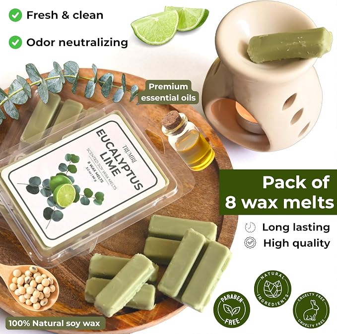 TRUMIRI Eucalyptus Lime Scented Wax Melts - Made with Non Toxic Soy Wax and Essential Oils - Long Lasting Strong Scent Pet Safe Aromatherapy Candle Wax Cubes Tarts for Warmers Pack of 4