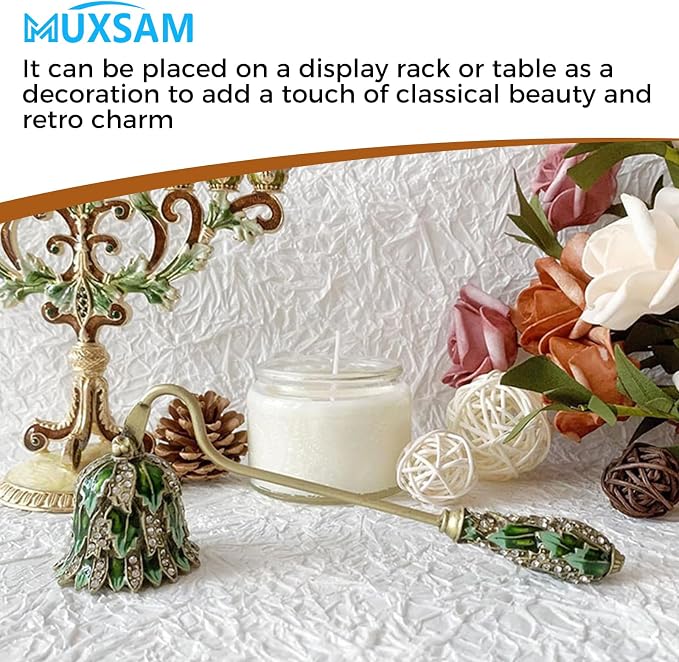 MUXSAM Vintage Candle Snuffer, Candle Extinguisher with Long Handle, Metal Wick Flame Snuffer for Putting Out Candle Flame Safely, Floral Candle Snuffers Accessory for Candle Lovers, Green
