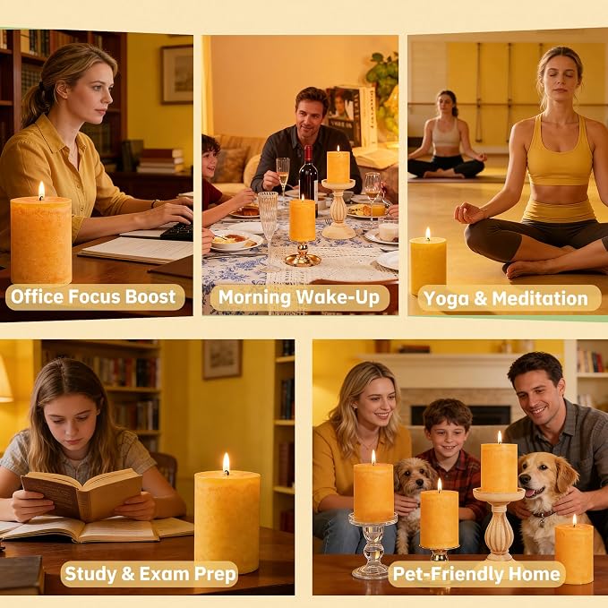 Orange Lemongrass Scented Pillar Candles 4 Pack, 60 Hours Long Lasting Burn Natural Essential Oils,2.8 x 4 in - Fresh Citrus Scent for Outdoor Patio & Home Refresh,Natural Repellent Vibes& Home Spa