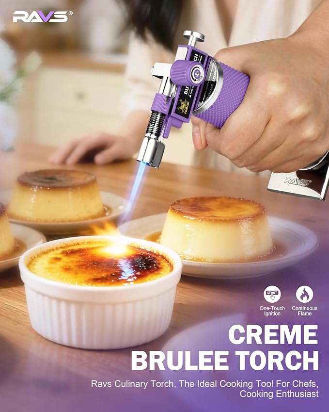 RAVS 2 Flame Mode Butane Torch Lighter, Refillable Kitchen Torch | Metal Body Cooking Torch for Baking, BBQ, Soldering Torch with Adjustable Flame & Safety Buckle,Purple, Gas Not Included