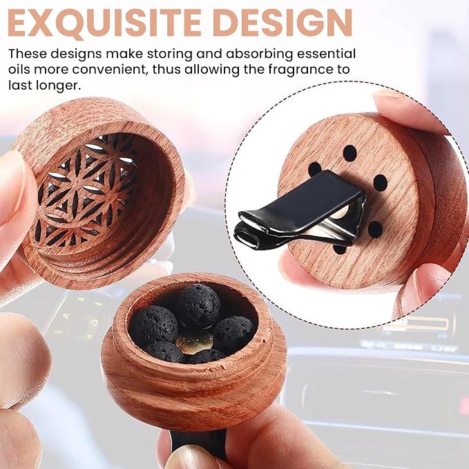 2PCS Car Essential Oil Diffuser: Natural Rosewood Vent Clip Freshener, Volcanic Stone Slow Release Aroma Diffuser for Auto Home Office Bedroom Indoor Use