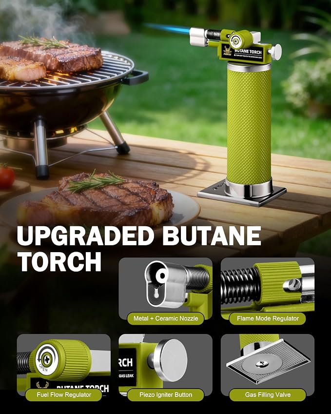 RAVS DUAL Flame Mode Butane Torch Lighter, Refillable Kitchen Torch, Metal Body Creme Brulee Torch for Baking, Cooking, Resin Art with Adjustable Flame, Green Soldering Torch, Butane Gas Not Included