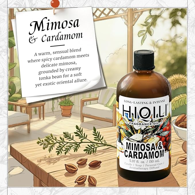 HIQILI Mimosa & Cardamom Fragrance Oil for Candle & Soap Making,Ideal for Essential Oil Diffuser, DIY Perfume, Room Sprays - 5.07 Fl Oz
