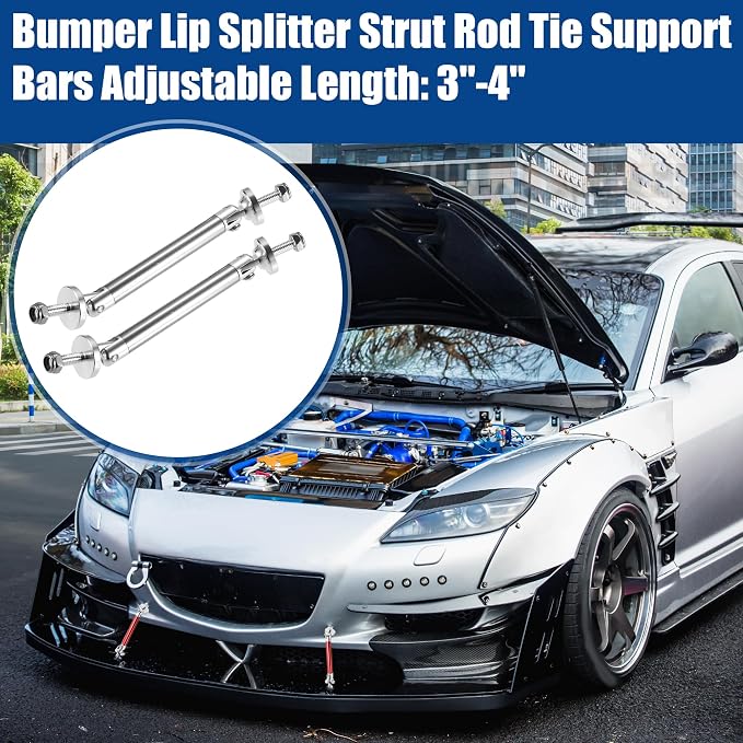 ACROPIX Universal 3"-4" Adjustable Aluminum Alloy 75mm Front Bumper Lip Splitter Diffuser Strut Rod Tie Bars Splitter Support Rods Silver Tone - Pack of 2