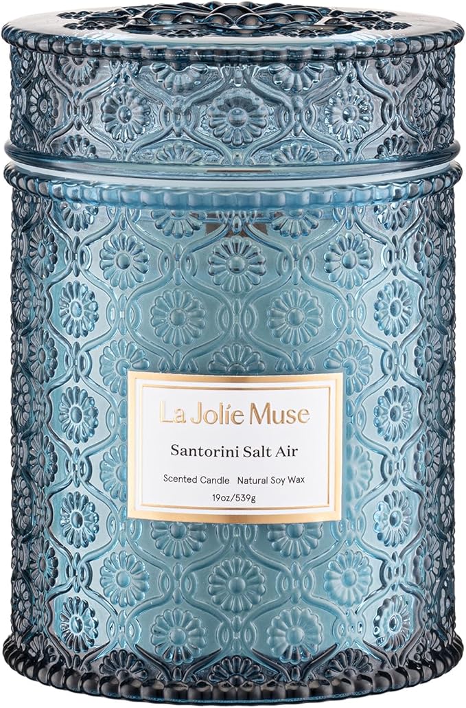 LA JOLIE MUSE Santorini Salt Air Scented Candles for Home, 19 oz Soy Wax | Large Jar Luxury Candle, Clean Natural Non-Toxic, Fresh Summer Ocean Blue Candle, Gifts for Women & Men, Wood Wick, Bergamot
