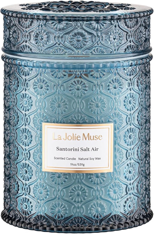 LA JOLIE MUSE Santorini Salt Air Scented Candles for Home, 19 oz Soy Wax | Large Jar Luxury Candle, Clean Natural Non-Toxic, Fresh Summer Ocean Blue Candle, Gifts for Women & Men, Wood Wick, Bergamot