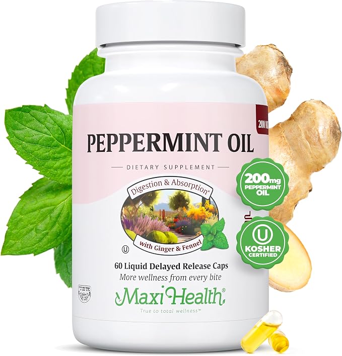 Maxi Health Peppermint Oil Capsules – Organic Ginger Oil & Fennel Delayed Release Capsule – Ingestible Dietary Kosher Peppermint Supplement for Digestive Support (60 Capsules)