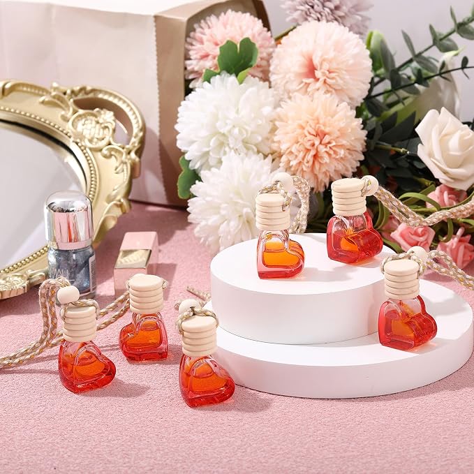 50 Pcs 6ml Hanging Car Diffuser Bottle Empty Glass Perfume Air Freshener Heart Love Container Diffuser Pendant Wedding Essential Oil Fragrance Aromatherapy Ornament (Red)