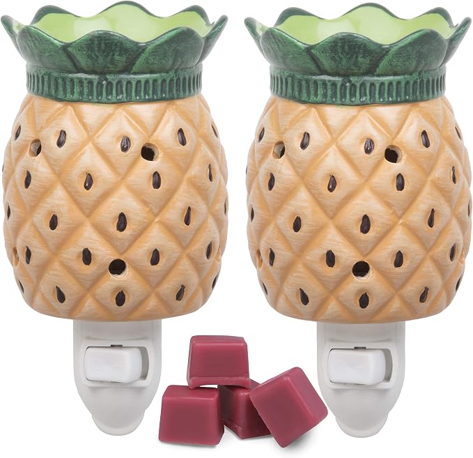 Pineapple Plug-in Fragrance Wax Melt Warmers (2Pk) - Electric Scented Candle Warmer w 4 Scented Tarts - Halogen Bulb Melts Wax & Fills Room w Fresh Scents & Night Light Glow - Mothers Day Gift for Mom