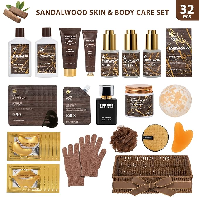 Sandalwood 32 Pcs Bath & Body Gift Basket for Men, Beard Grooming Set, Face Skin Care Kit, Men Home Spa Gift Set, Bath Bomb, Bear Oil, Birthday, Christmas, Valentines, Father's Day, Dad, Anniversary