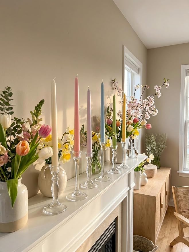 10" Classic Taper Candles, Multicolored, 12-Pack, 7-8 Hours Long Burning, Unscented Tall Easter Colorful Candlesticks