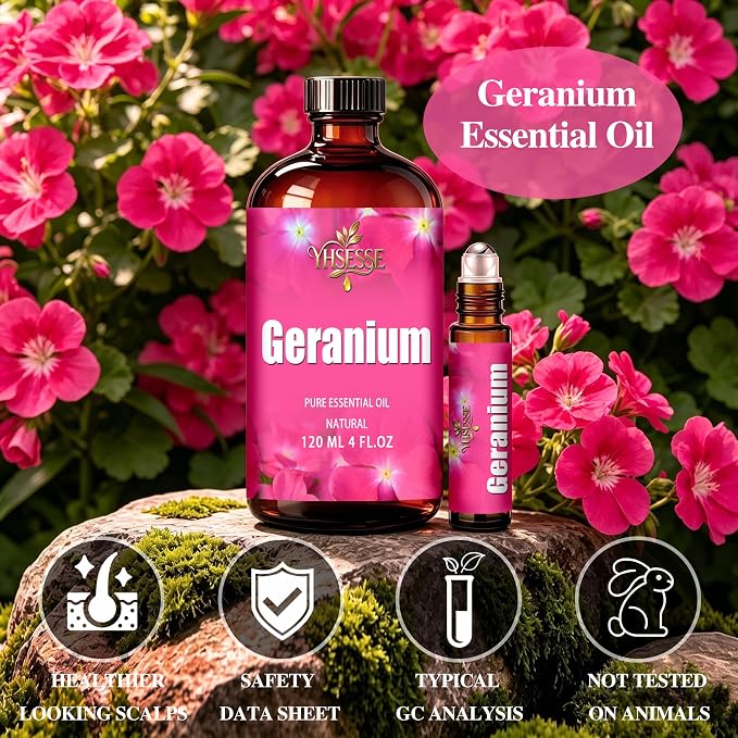 Geranium Essential Oil, Geranium Oil 4 Fl Oz 120ml for Diffuser Yoga Soap & Candle Making – with 0.33 Oz Roller Ball & Dropper YHSESSE Essential Oils