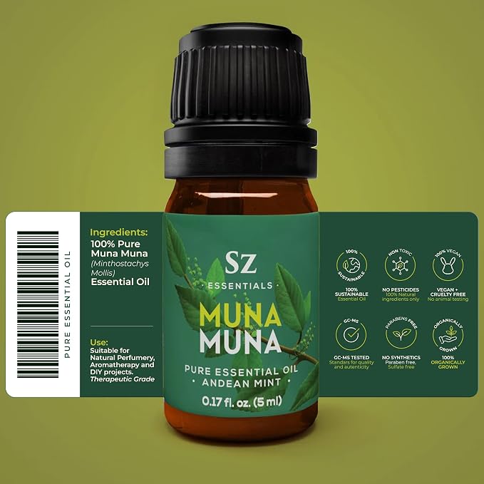 Muna Muna Andean Mint Essential Oil (Minthostachys Mollis) - 100% Pure and Undilluted - Rich & Fresh & Minty Scent with Earthy Overtones - Therapeutic Grade & Vegan - 0.17oz (5ml)