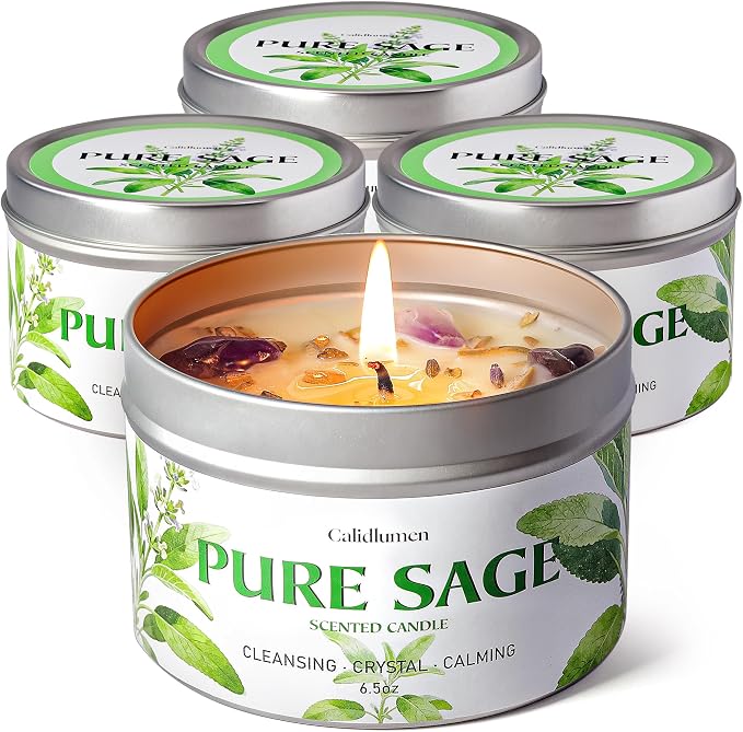 Pure Sage Candle for Cleansing - 4Pc Soy Scented Candle with Crystals & Sage Leaves Inside, House Negative Energy Kit, Spiritual Gift for Women
