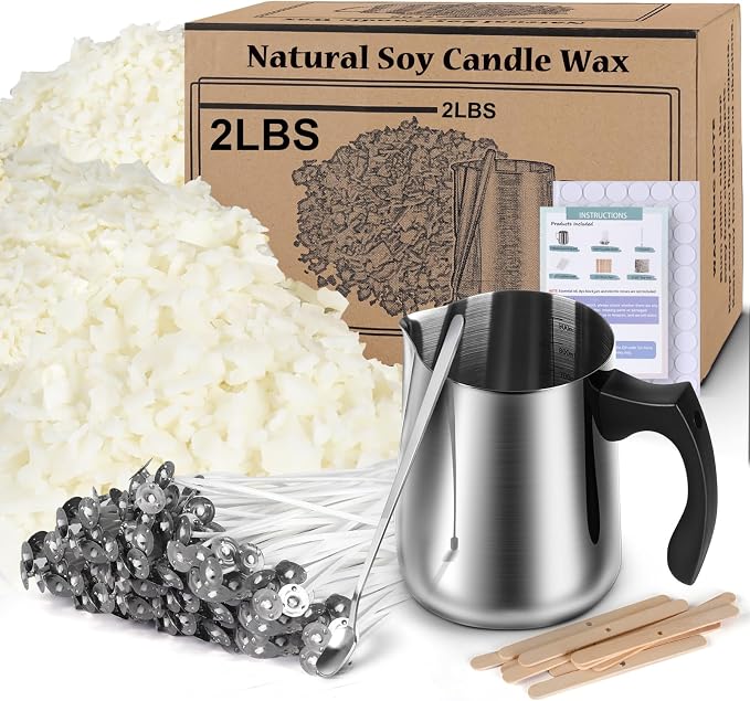 Soy Wax Candle Making Kit Supplies, Natural Candle Wax For Candle Making, DIY Art&Crafts Kit for Adults,Beginner, Including 2lbs Soy Wax Flakes, 100 Candle Wick, 10 Centering Devices, Melting Pot